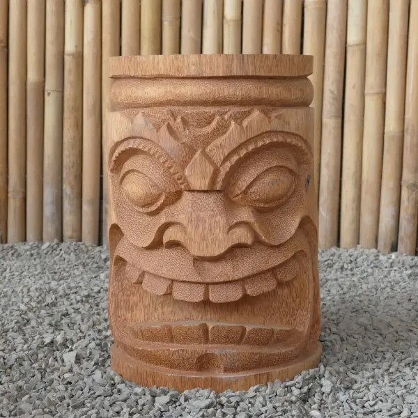 Stool - Tiki motiv, made from Coconut. 50cm H. Model 2 - open mouth 